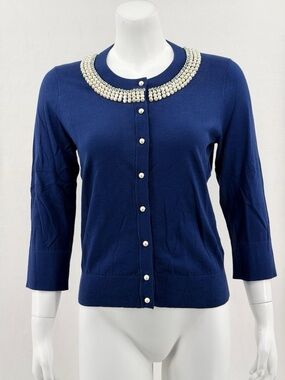 Kate Spade Pearl Collar Cardigan XS Navy Embellished Sweater